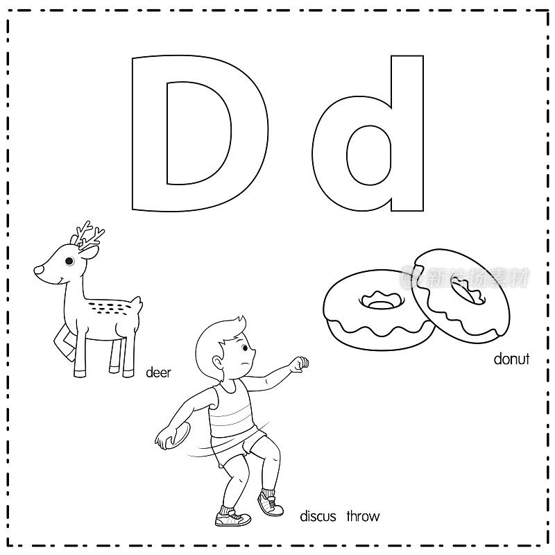 向量插图学习字母D的小写和大写的儿童与3卡通图像。鹿铁饼扔甜甜圈。