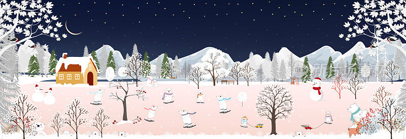 圣诞快乐或2022年新年快乐贺卡与冬季黑暗的夜晚仙境景观背景与北极熊在城市公园的乐趣在新年。可爱的向量横幅为孩子