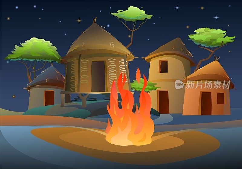 晚上的火。非洲的村庄。用粘土和稻草建造的农舍。非洲景观。金合欢树。向量