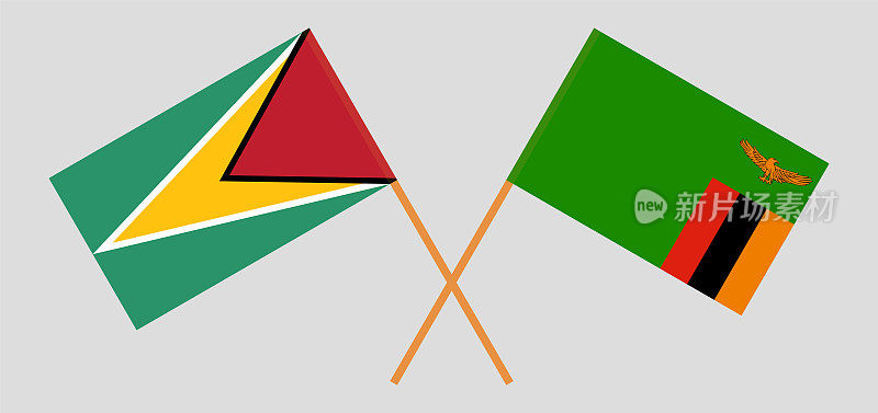 交叉的圭亚那和赞比亚共和国国旗。官方色彩。正确的比例