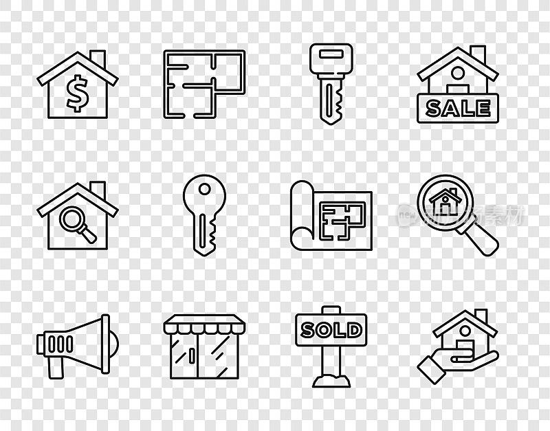 设置线扩音器，房地产经纪人，房子钥匙，市场商店，与美元符号，挂标志文本出售和搜索房子图标。向量