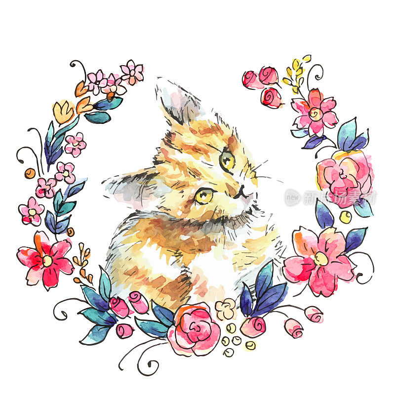 可爱的小猫和花环插图