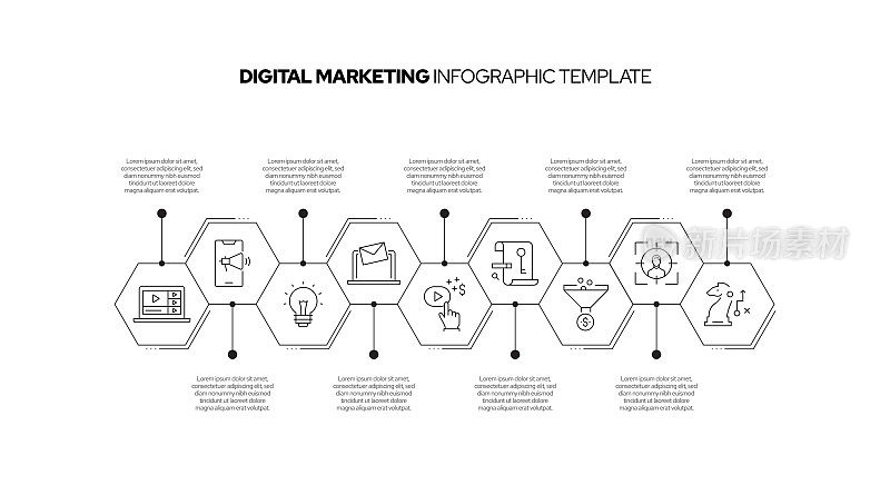 数字营销概念矢量线信息图形设计图标。9选项或步骤的介绍，横幅，工作流程布局，流程图等。