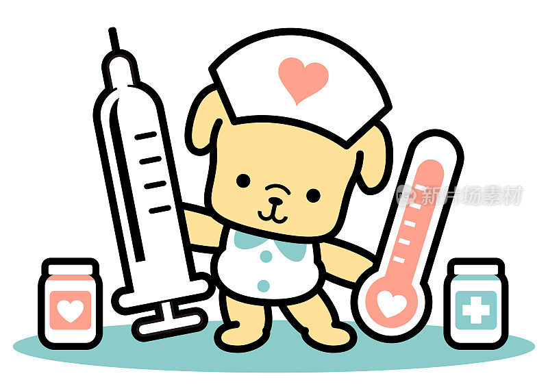 可爱的狗护士站着，拿着注射器，体温计和药瓶