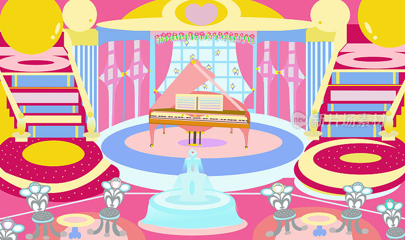 明亮甜美的粉红色三角钢琴在大厅楼梯，喷泉和休息室颜色插图2022