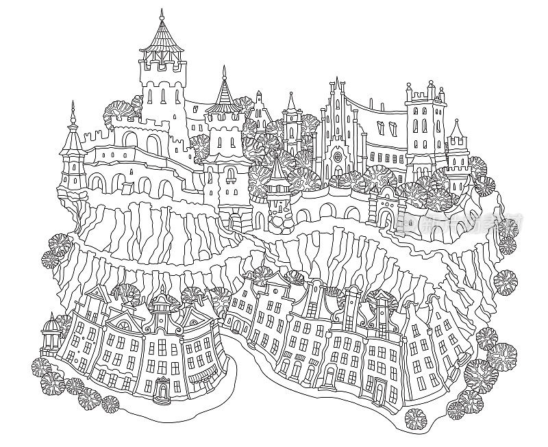 矢量幻想的景观，童话般的小镇街道，山上的中世纪城堡。黑白成人和儿童涂色书页面