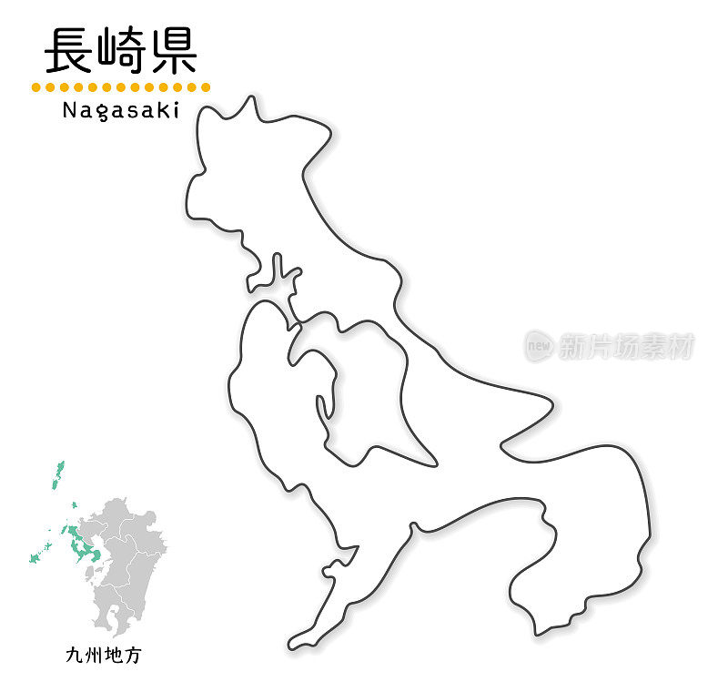 简单的长崎县白色地图，简化的线条图，地方名称和位置