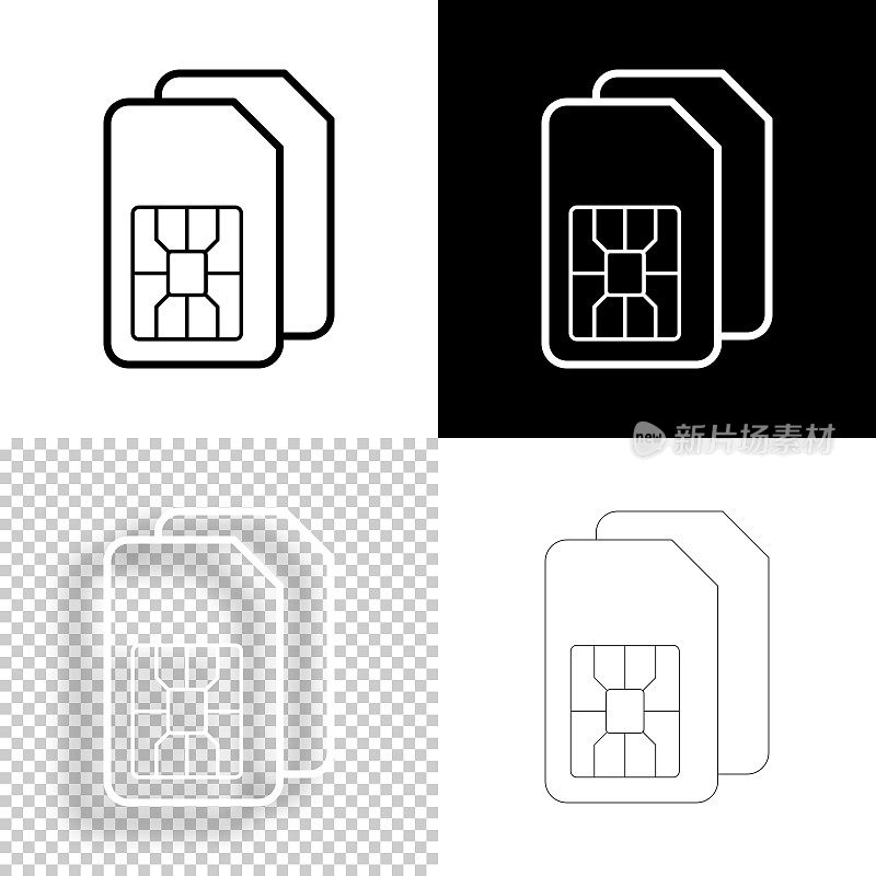 双SIM卡。图标设计。空白，白色和黑色背景-线图标