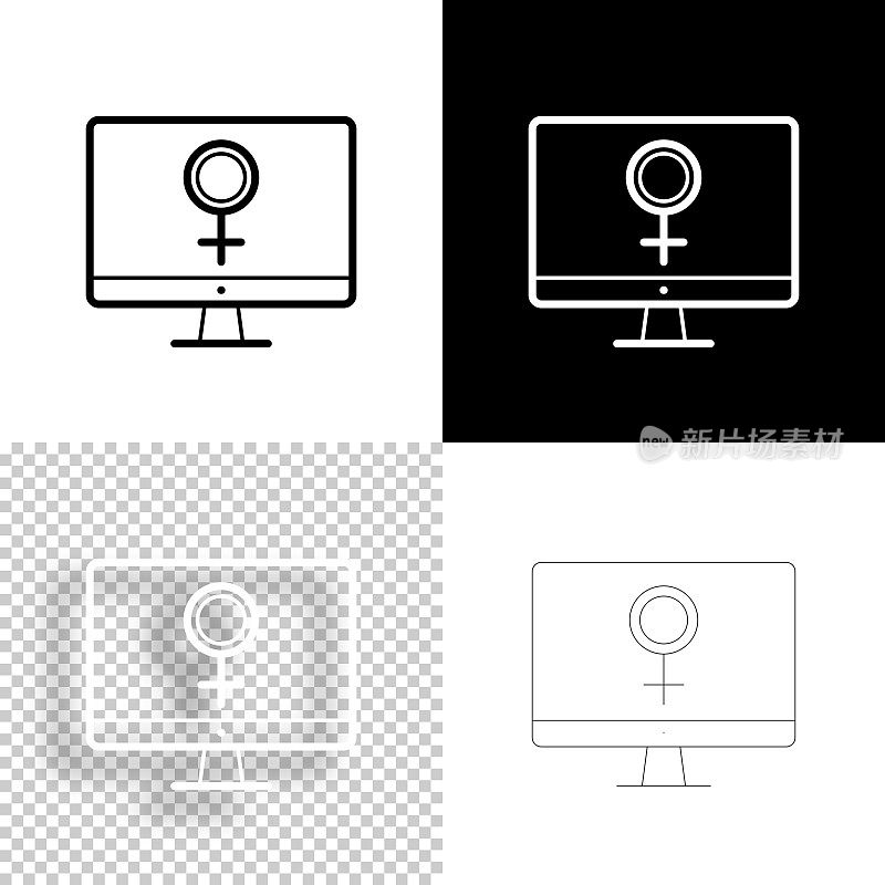 带有女性符号的台式电脑。图标设计。空白，白色和黑色背景-线图标