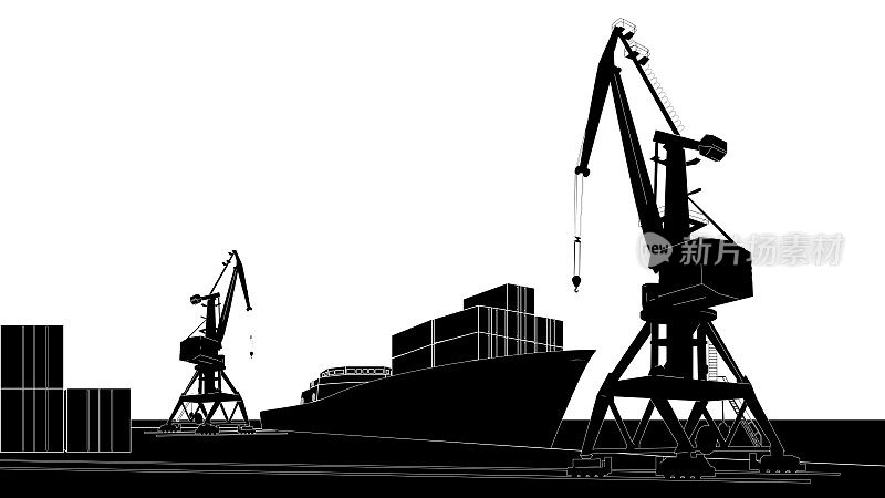 轮廓商业港口与集装箱船在码头和货物起重机。