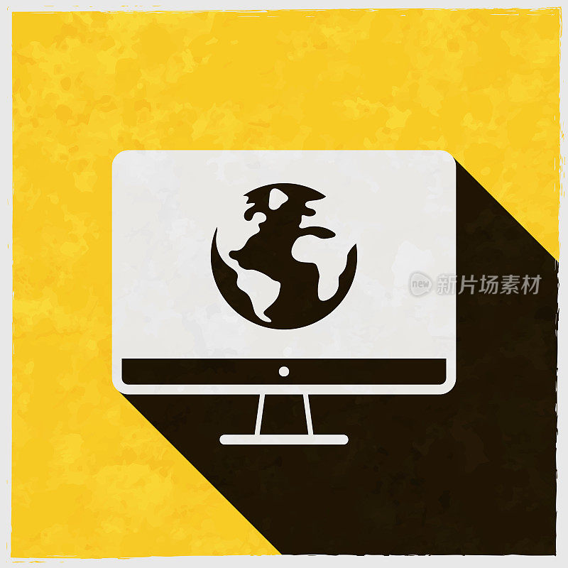 台式电脑与地球。图标与长阴影的纹理黄色背景