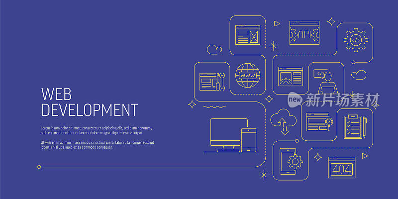 网页开发相关矢量横幅设计概念，现代线条风格与图标