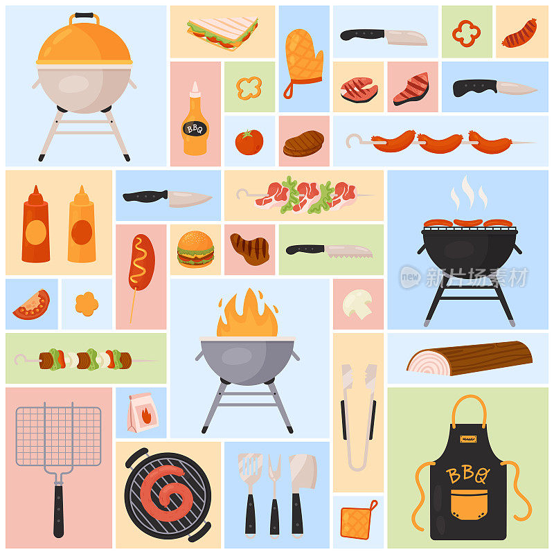 烧烤套装，肉类和蔬菜烧烤食物用酱汁，叉刀和串工具