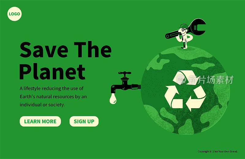 在“拯救地球”、“可持续发展”、“环境保护”的理念中，拿着扳手、戴着工作头盔的水管工正在修复地球