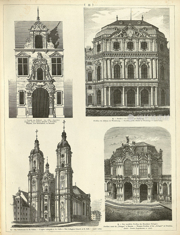 巴洛克建筑的例子，立面，布鲁塞尔，德国维尔茨堡阁宫，瑞士圣加仑大教堂，德累斯顿的茨翁格，17和18世纪