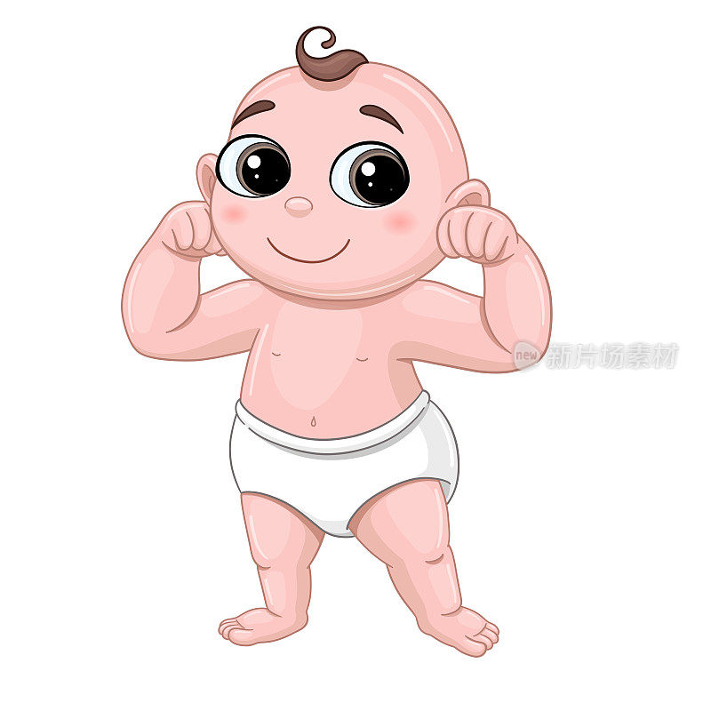 穿尿布的婴儿显示出他有多强壮。婴儿。第一步