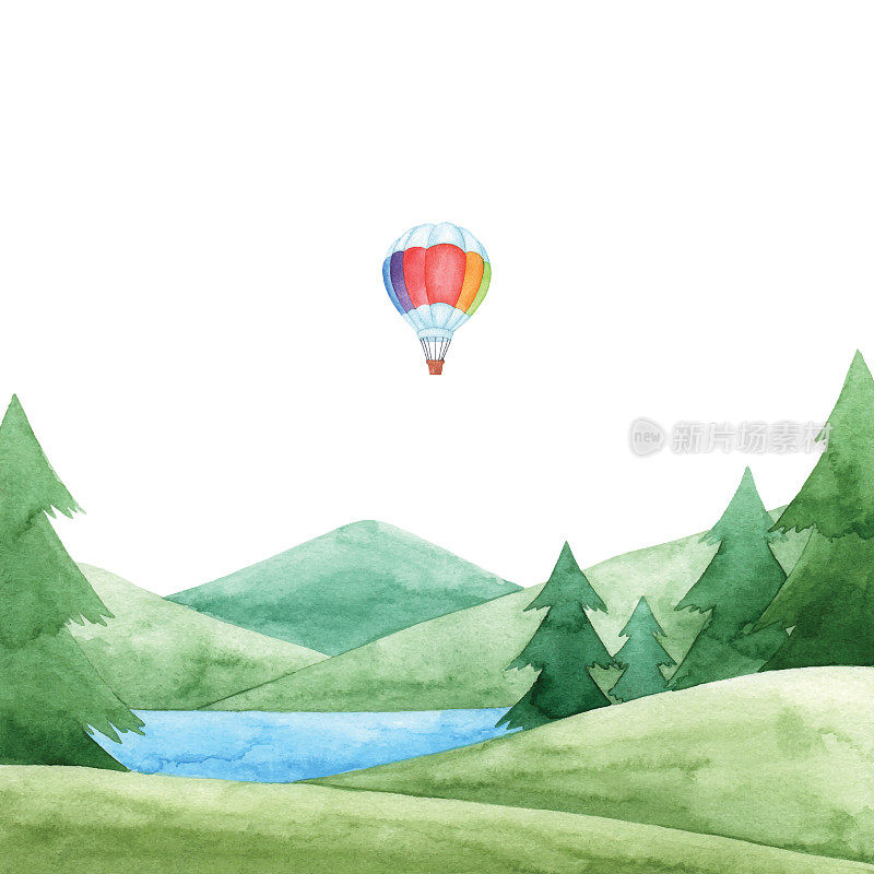 水彩绿森林和热气球