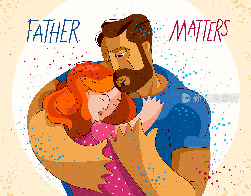 父亲抱着他的小女儿用爱和关怀，父亲和养育家庭生活方式的主题向量美丽的插图。