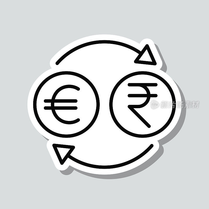货币兑换-欧元印度卢比。图标贴纸在灰色背景
