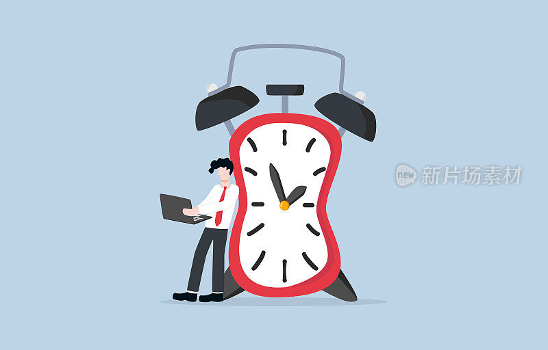 工作时间紧迫，对按时完成工作的压力或焦虑，职业项目的压力，时间管理，项目期限概念。商人在拥挤的时钟旁匆忙地工作。