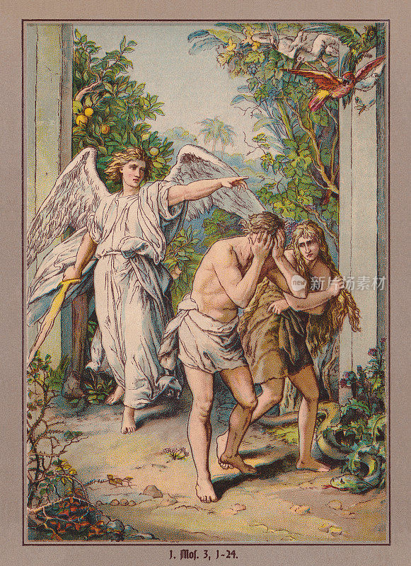 亚当和夏娃被逐出天堂，彩色版画，出版于1900年