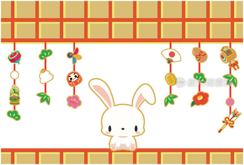 2023年日本新年贺卡耷拉耳兔和装饰。