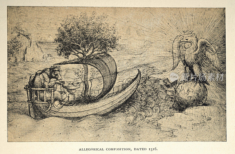 列奥纳多·达·芬奇的寓言素描，公牛帆船，地球仪上的冠鹰，文艺复兴早期艺术