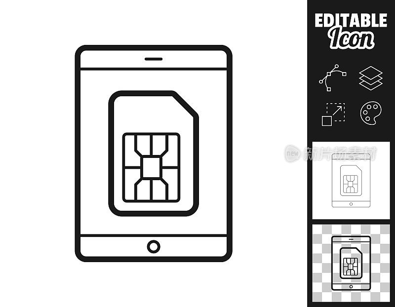 带有SIM卡的平板电脑。图标设计。轻松地编辑