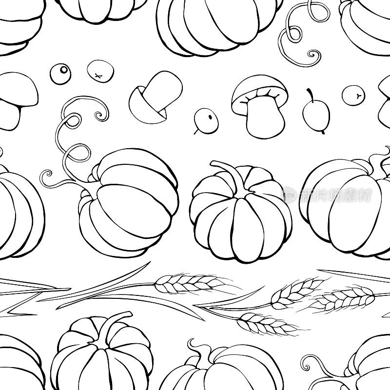 矢量无缝模式的秋季收获符号:南瓜，小麦耳朵，浆果，蘑菇涂鸦风格。背景轮廓、纹理。主题:森林，快乐的秋天，感恩