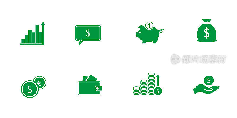 一组金融图标。硬币。扑满猪。图表。一袋钱等。向量。