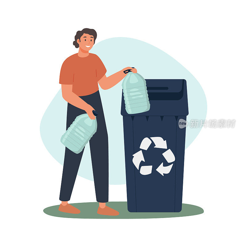 人物在垃圾桶里收集塑料垃圾。女人把垃圾拿出去。塑料污染问题的概念