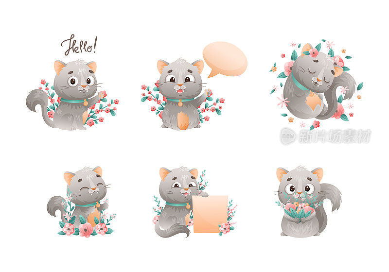 可爱的灰色猫颈领坐在花与空标语和言语泡泡矢量集
