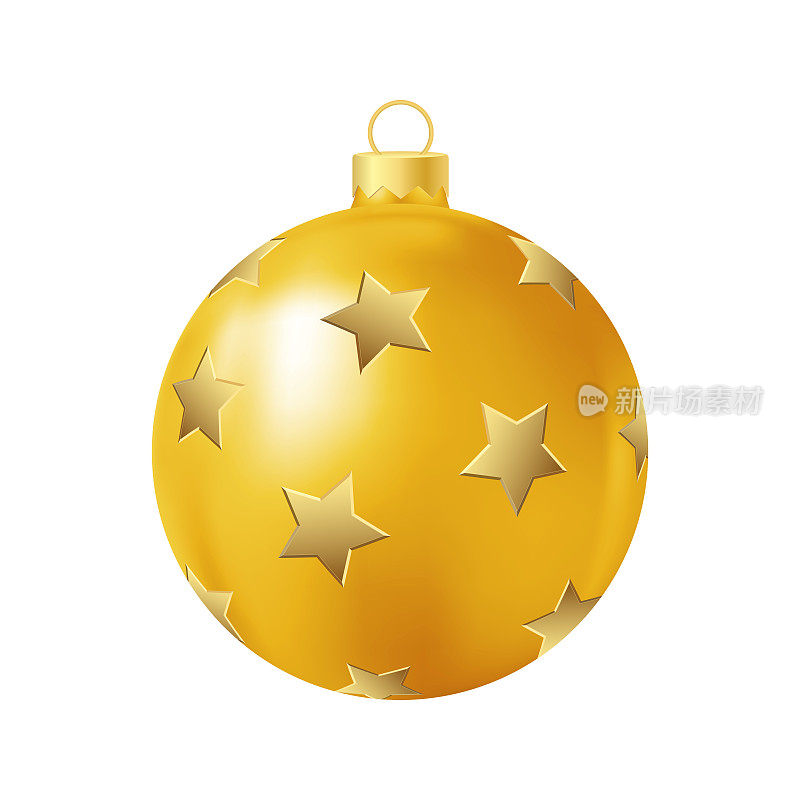 黄色圣诞树玩具与金色星星逼真的彩色插画