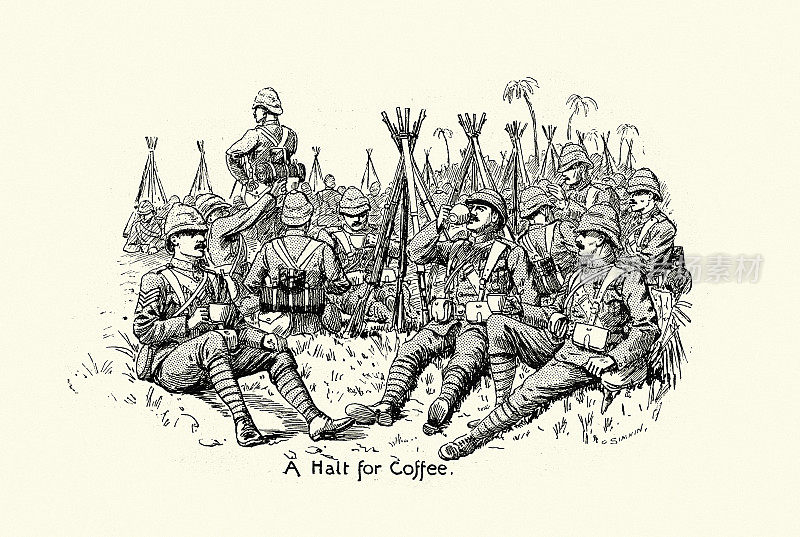 19世纪19世纪90年代维多利亚时代,英国士兵在印度行军,停下来喝咖啡