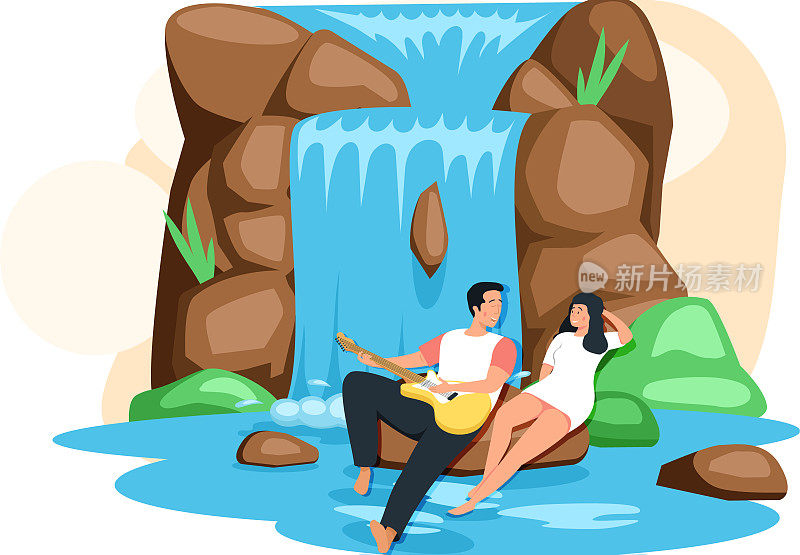 一对情侣坐在大石头上弹吉他，旁边是岩石和瀑布，休息在自然景观