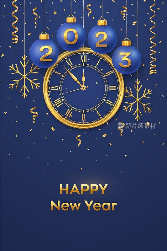 2023年新年快乐。悬挂蓝色圣诞小球与现实的金色3d数字2023和雪花。用罗马数字和倒计时午夜，除夕为新年。圣诞快乐。向量。