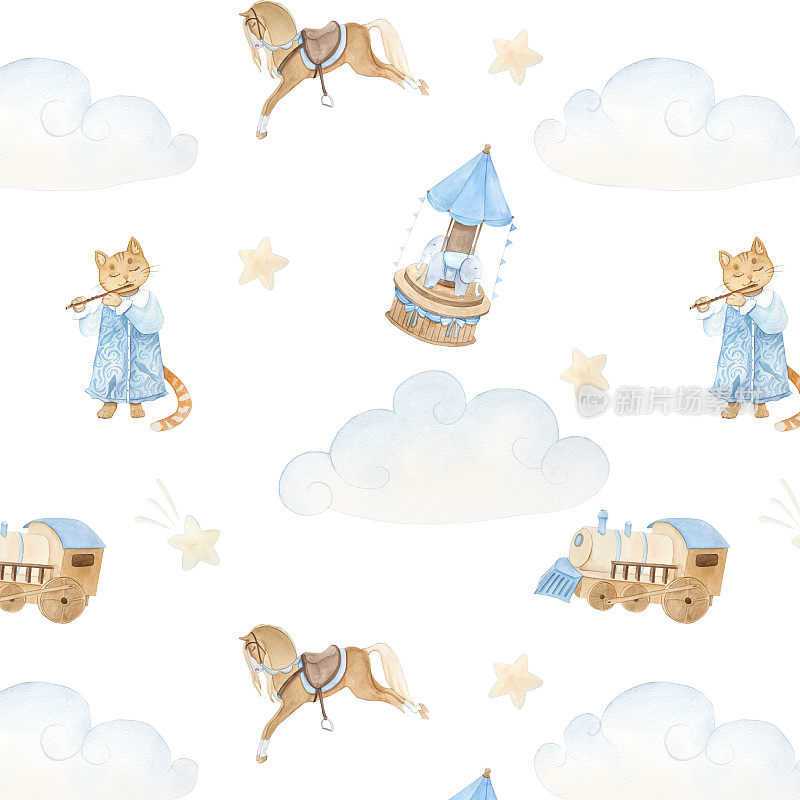 水彩图案与复古可爱的童话猫，旋转木马，马，云，星星