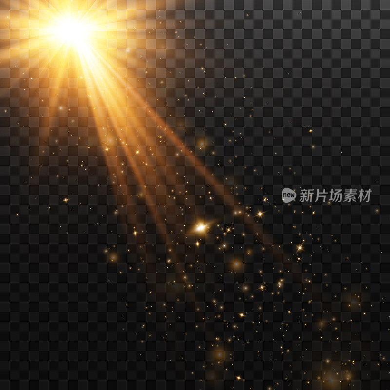 金色的星星，在透明的背景上，发光和光线的效果，发光的灯，太阳。