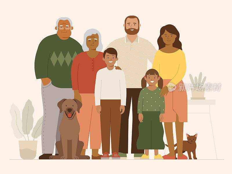 多种族幸福家庭的肖像，有孩子和宠物