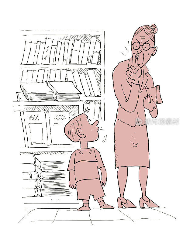 女图书管理员示意小男孩安静