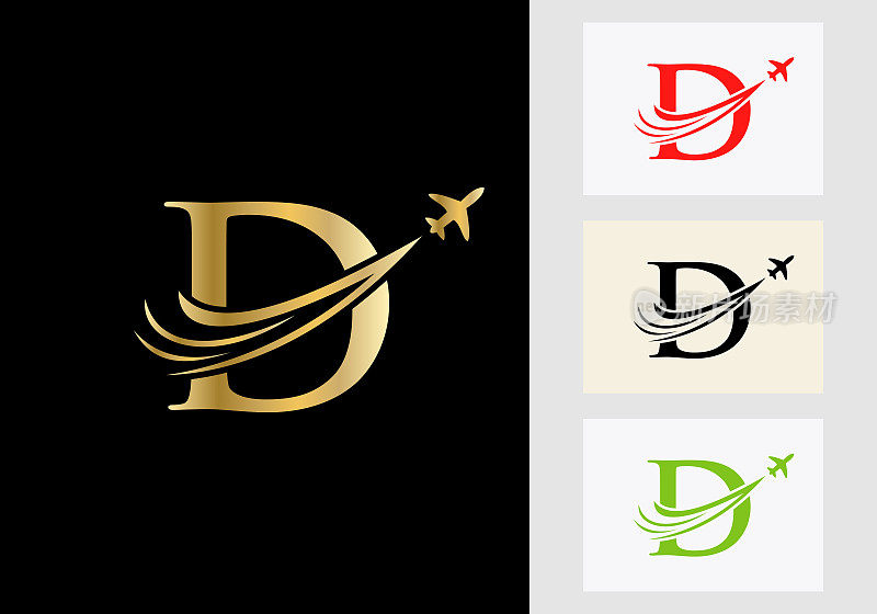 字母D旅行标志概念与飞行的飞机符号