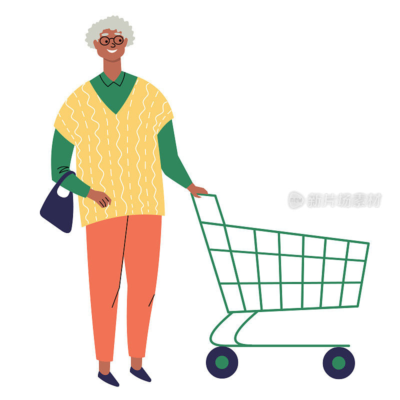 老妇人的空购物车。一位开朗的黑皮肤祖母在超市或杂货店。平的风格。季节性折扣，大甩卖。