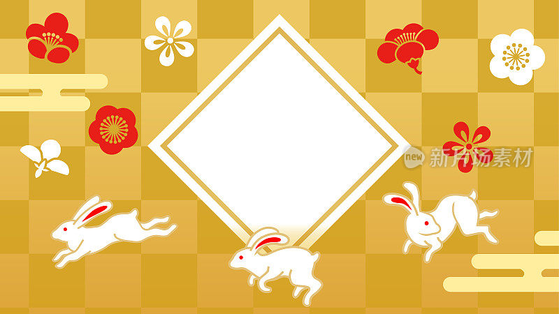 2023年日本新年促销设计模板，无文字——金箔背景跳跃三只兔子