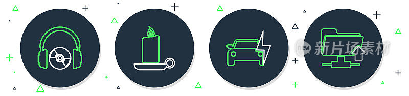 设置线燃烧蜡烛在烛台，电动汽车，耳机CD或DVD和FTP文件夹上传图标。向量