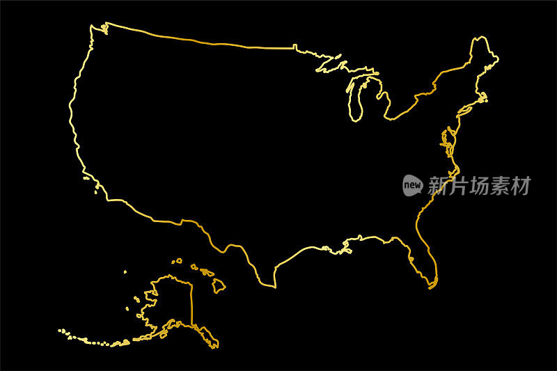 金色轮廓的美国地图。