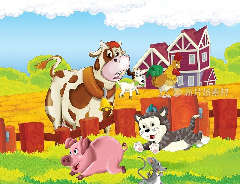 卡通场景与生活在农场与农场动物牛公鸡山羊猪猫和老鼠-插图的孩子
