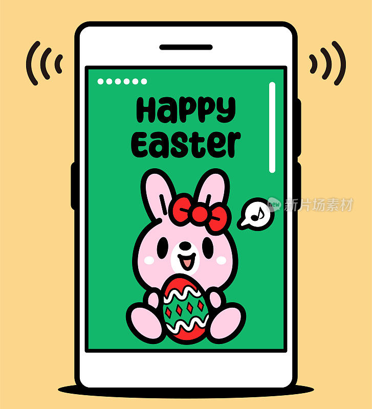 复活节快乐!一只可爱的复活节兔子在智能手机上拿着一个彩蛋，希望你拥有春天的希望和美丽，以及更光明的日子的承诺