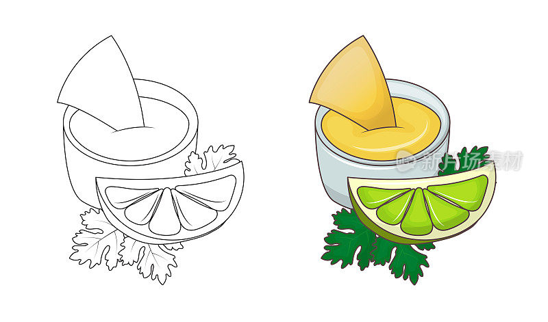 儿童小学涂色书。脆皮玉米片配芝士酱和青柠。传统的墨西哥菜。素食菜。矢量插图。卡通。