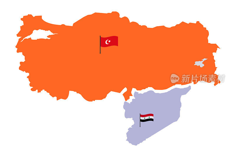 土耳其地图和叙利亚地图与高详细。土耳其地图充满橙色。叙利亚地图有红白黑三种颜色和星形。土耳其地图与月亮和星星浮雕地图矢量。