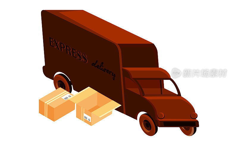 全球快速交付和平面风格的电子商务概念。卡车与箱子在孤立的白色背景。等角投影。